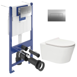 Pack WC Bâti-support + WC Swiss Aqua Technologies sans bride et fixations invisibles + Plaque chrome (ViConnectSATrimless-1)