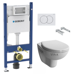 Pack WC Bâti Duofix + Cuvette suspendue Vitra S50 avec bride + Abattant soft close + Plaque blanche (S50Geb3)