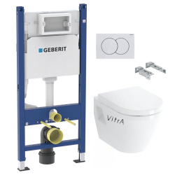 Pack WC Bati-support Geberit Duofix + pieds autoportant + Cuvette suspendue Vitra S50 avec bride + Abattant soft close + Plaque
