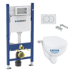 Pack WC Bâti Duofix + Cuvette suspendue Grohe Bau Ceramic + Abattant déclipsable + Plaque blanche (BauGeb3)