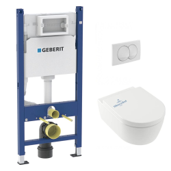 Geberit Pack WC Bâti support + WC Villeroy & Boch Arceauslim sans bride + abattant SoftClose + Plaque Blanche (ArceauSlimGeb3)