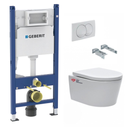Pack WC Bâti-support Duofix + Cuvette suspendue sans brides + Abattant frein de chute + Plaque blanche + 2 Pieds support Geberit