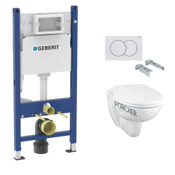 Pack WC Bati-support Geberit Duofix + Cuvette suspendue Porcher sans bride + Abattant Ideal Standard ASTOR + Plaque blanche (Por