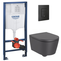 Pack WC Bâti-support avec Cuvette Roca Inspira rimless fixations invisibles + Abattant + Plaque noir (RapidSLInspiraO-FK0)
