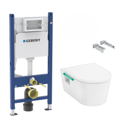 Pack WC Bâti Duofix + Cuvette suspendue Vitra S50 avec bride + Abattant soft close + Plaque blanche (S50Geb3)