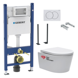 Pack WC Bâti-support Duofix + Cuvette suspendue sans brides + Abattant frein de chute + Plaque blanche + 2 Pieds support Geberit