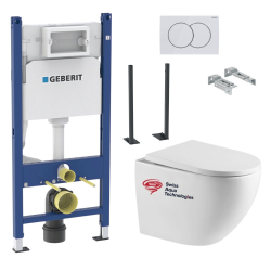 Geberit Pack Bati-support Geberit Duofix + WC sans bride Swiss Aqua Technologies + Plaque de commande Delta01 Blanche (FusionTQGebX)