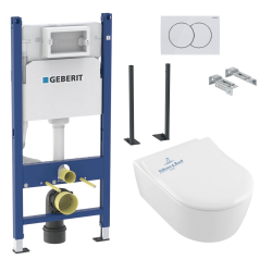 Geberit Pack WC Bâti support + WC Villeroy & Boch Arceauslim sans bride + abattant SoftClose + Plaque Blanche (ArceauSlimGeb3)