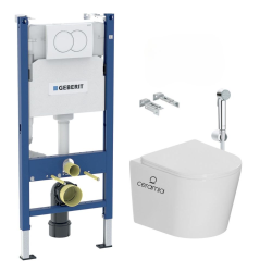 Pack WC bâti-support Duofix 112cm + WC sans bride + support de douche mural + plaque blanche (CETORGEB3SPR2VP)