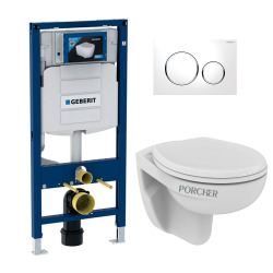 Pack WC Bati Geberit  Duofix + WC Bati Geberit suspendu Porcher sans bride + abattant Eurovit + Plaque de commande blanche/chrom