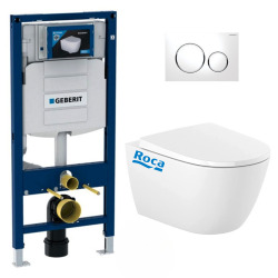 Pack WC Bati Geberit  Duofix Bati-support Geberit UP320 + cuvette Roca sans bride + abattant Soft Close + Plaque de commande Bla