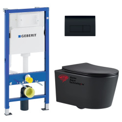 Pack WC sans bride SAT Noir mat + Abattant softclose + Bâti support Geberit UP100 + Plaque Noir brillante