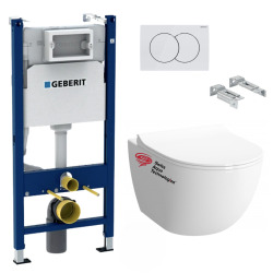 Pack WC sans bride Infinitio, fixations invisibles + Abattant softclose slim + Bâti support Geberit UP100 + Plaque blanche