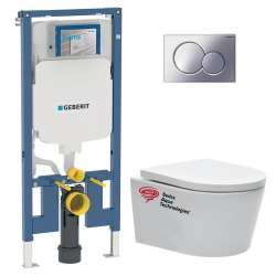 Pack WC sans bride SAT, fixations invisibles + Abattant softclose + Bâti support Geberit Extra-plat UP720 + Plaque Chrome