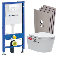 Pack WC sans bride SAT, fixations invisibles + Abattant softclose + Bâti support Geberit UP100 + Plaque blanche + Set Habillage