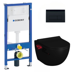 Pack WC sans bride Infinitio Noir mat + Abattant softclose + Bâti support Geberit UP100 + Plaque Noir brillante