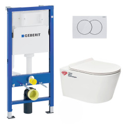 Pack WC sans bride Brevis, fixations invisibles + Abattant softclose slim + Bâti support Geberit UP100 + Plaque blanche