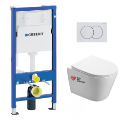 Pack WC sans bride Infinitio, fixations invisibles + Abattant softclose slim + Bâti support Geberit UP100 + Plaque blanche