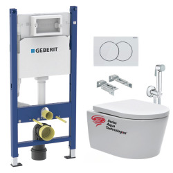 Pack WC sans bride SAT, fixations invisibles + Abattant softclose + Bâti support Geberit UP100 + Plaque + Douchette Grohe