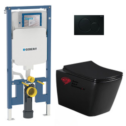 Pack WC sans bride Infinitio Noir mat + Abattant softclose slim + Bâti support Geberit Extra-plat UP720 + Plaque Noir brillante