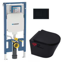 Pack WC sans bride Infinitio Noir mat + Abattant softclose slim + Bâti support Geberit Extra-plat UP720 + Plaque Noir brillante