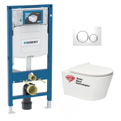 Pack WC sans bride Brevis, fixations invisibles + Abattant slim softclose + Bâti Geberit UP320 + Plaque blanc/chromé