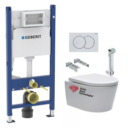 Pack WC sans bride SAT, fixations invisibles + Abattant softclose + Bâti support Geberit UP100 + Plaque + Douchette Grohe
