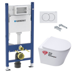 Pack WC sans bride Infinitio, fixations invisibles + Abattant softclose slim + Bâti support Geberit UP100 + Plaque blanche
