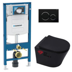 Pack WC sans bride Infinitio Noir mat + Abattant softclose + Bâti Geberit UP320 + Plaque noire/chrome