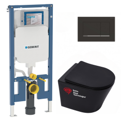 Pack WC Bâti-support + Cuvette suspendue SAT Infinitio sans bride noire mat + Abattant frein de chute + Plaque noire mat/chrome