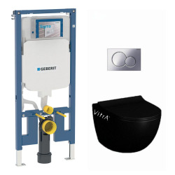 Pack WC Bâti-support extra-plat UP720 + WC Sento sans bride noir mat + Fixations cachées + Abattant softclose + Plaque chrome