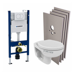 Pack WC Bati-support Duofix + Cuvette suspendue sans bride Porcher + Abattant + Plaque de commande blanche + Set d'habillage