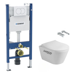 Pack WC Bati-support Geberit Duofix + WC sans bride Lucco Avva + Abattant softclose + Plaque blanche (AvvaGeb3)