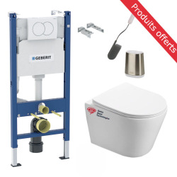 Pack WC Bati-support Geberit Duofix + WC sans bride SAT + Abattant softclose + Plaque blanche + Brosse de toilette OFFERTE
