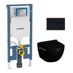 Pack WC Bati-support Geberit extra-plat UP720 + WC Vitra Sento sans bride noir mat + Abattant softclose + Plaque noire