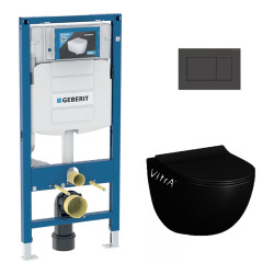 Pack WC Bati-support Geberit UP320 + WC Vitra Sento noir mat sans bride + Abattant softclose + Plaque noire (GebBlackSento-G)