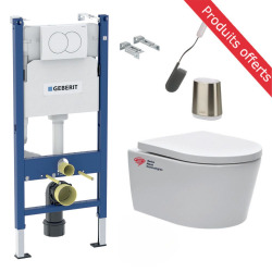 Pack WC Bâti-support Duofix + WC sans bride SAT + Abattant softclose + Plaque blanche + Brosse de toilette grise