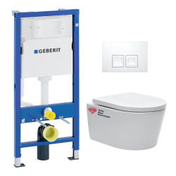pack Bati-support Geberit UP100 + plaque Delta50 blanche + cuvette SAT suspendue sans bride et fixations invisibles (SATrimlessG