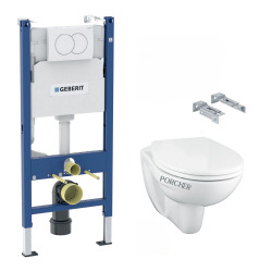 Pack WC Bati-support Geberit Duofix + Cuvette suspendue Porcher sans bride + Abattant Ideal Standard ASTOR + Plaque blanche