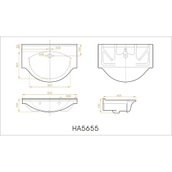 Naturel Pro 56x42 cm lavabo suspendu en céramique avec un trou pour robinetterie au milieu, blanc (HA5655)