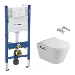 Pack WC Bati-support Geberit + WC sans bride Avva + Abattant SoftClose + Plaque blanche + Set d'isolation phonique (AvvaGeb3SET)