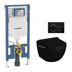 Pack WC Bati-support Geberit extra-plat UP720 + WC Vitra Sento sans bride noir mat + Abattant softclose + Plaque noire chrome