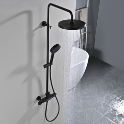  Ensemble bain/douche 3 jets avec mitigeur thermostatique de baignoire + douche de tête + douchette à main, noir mat (SATSSTVKC)