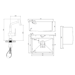 Ceramia Timeless 55x45x21 cm évier encastrable en inox 304 + mitigeur inox avec douchette extractible, cuivre brossé (TMLKST-5545BCP-M1)