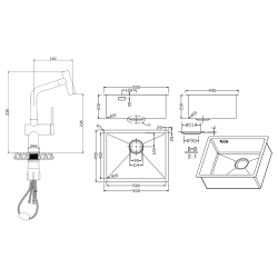 Ceramia Timeless 55x45x21 cm évier sous plan en inox 304 + mitigeur inox avec douchette extractible, cuivre brossé (TMLKSU-5545BCP-M1)