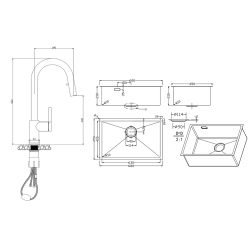 Ceramia Timeless 68x45x21 cm évier sous plan en inox 304 + mitigeur inox avec douchette extractible, cuivre brossé (TMLKSU-6845BCP-M2)