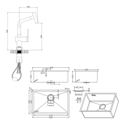 Ceramia Timeless 68x45x21 cm évier sous plan en inox 304 +  mitigeur inox avec douchette extractible, or brossé (TMLKSU-6845BG-M1)