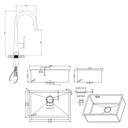 Ceramia Timeless 68x45x21 cm évier sous plan en inox 304 + mitigeur inox avec douchette extractible, or brossé (TMLKSU-6845BG-M2)