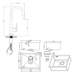 Ceramia Timeless 55x45x21 cm évier sous plan en inox 304 + mitigeur inox avec douchette extractible, or brossé (TMLKSU-5545BG-M2)