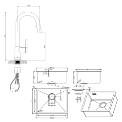 Ceramia Timeless 55x45x21 cm évier sous plan inox 304 + mitigeur inox avec douchette extractible, gun metal brossé (TMLKSU-5545BGM-M2)